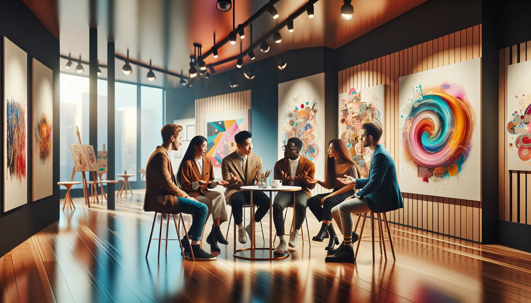 diverse artists collaborating in a modern art gallery.