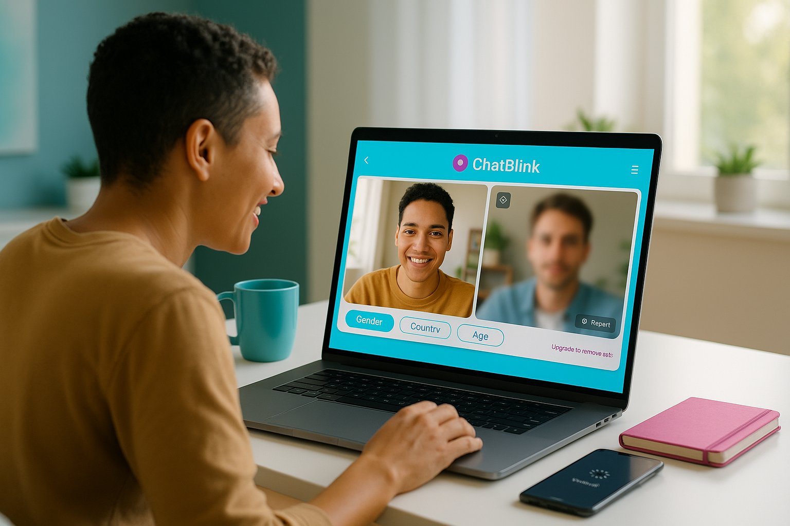 Person using ChatBlink on a laptop with branded cyan and magenta accents.