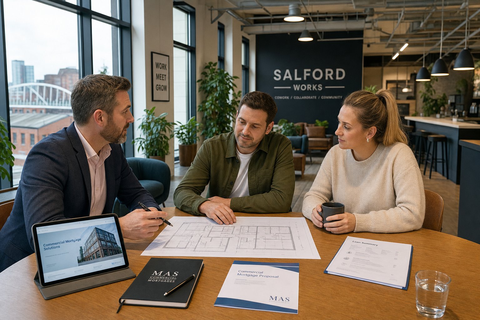 Broker and clients reviewing commercial mortgage documents in a bright coworking space in Salford.