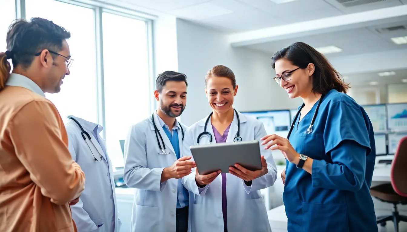 healthcare professionals collaborating with digital technology in a modern hospital.