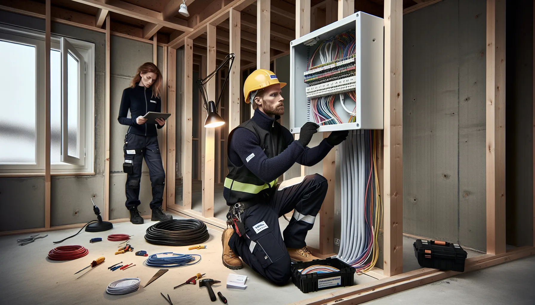 Electrician wiring a fuse box while an el‑installatør checks plans on a tablet.