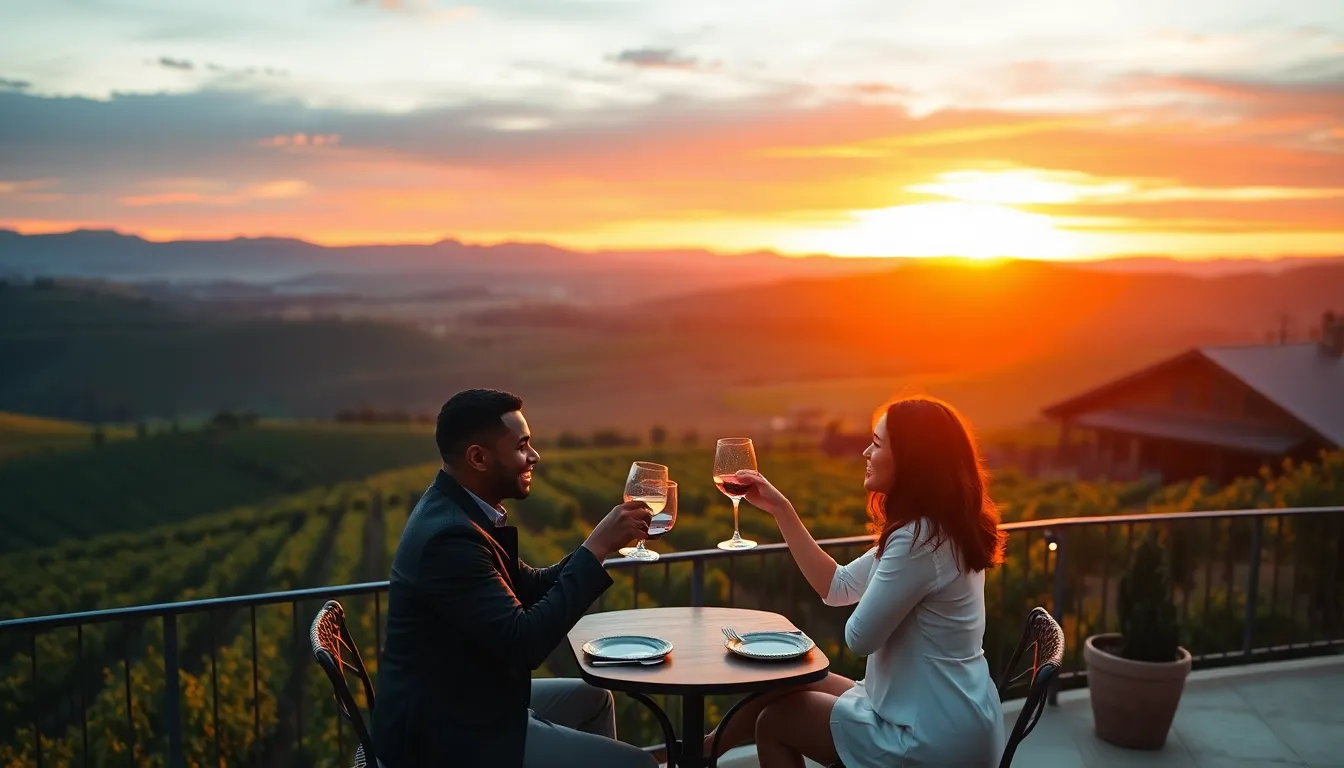 couple enjoying wine at sunset in Napa Valley vineyards.