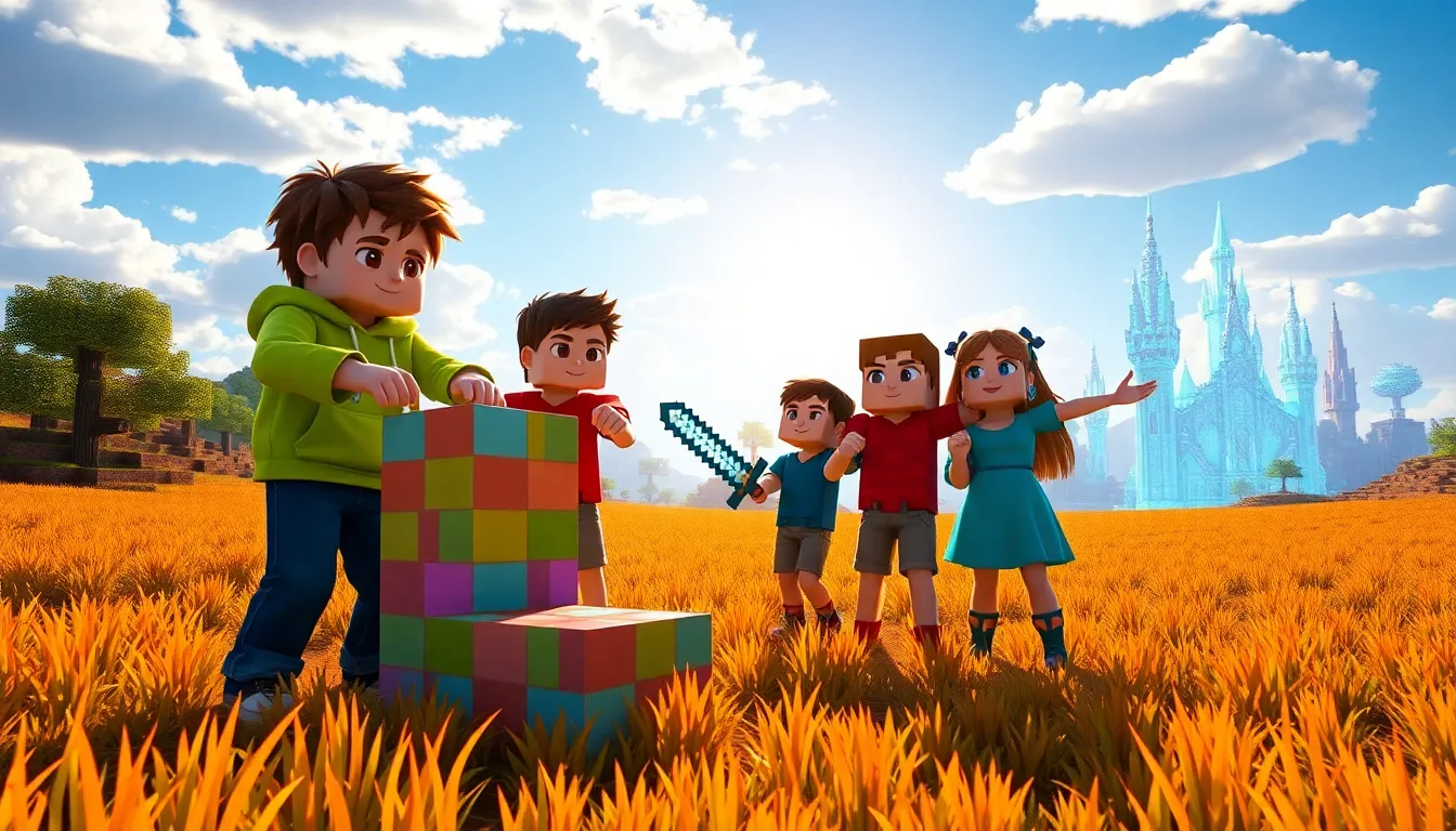 Minecraft characters exploring new items in a colorful landscape.