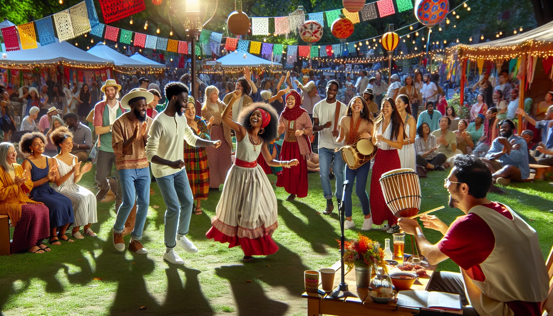 diverse group celebrating Haiikurti at a cultural festival in a park.