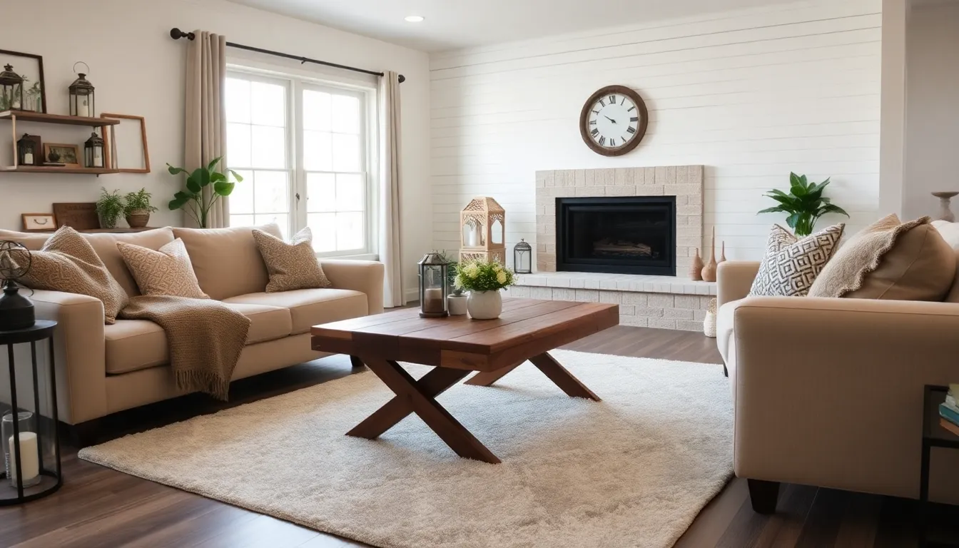 modern farmhouse living room with rustic and contemporary design elements.