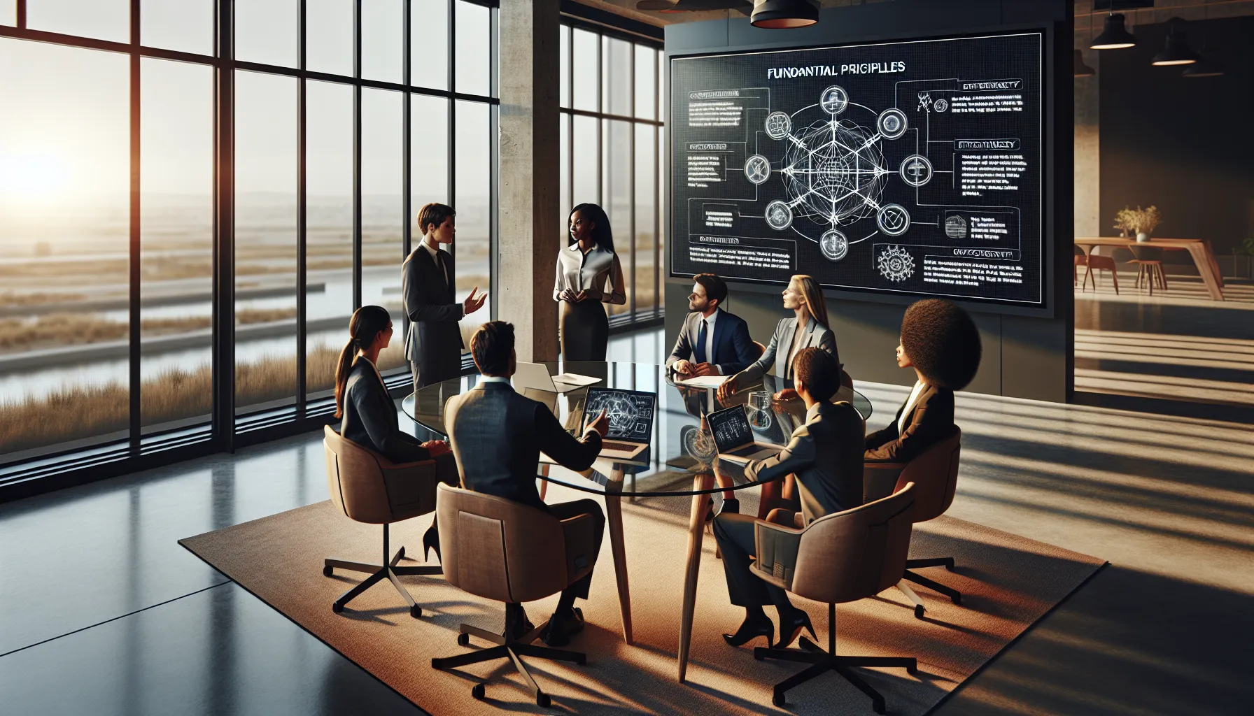 diverse team discussing the Dtyrjy framework in a modern office.