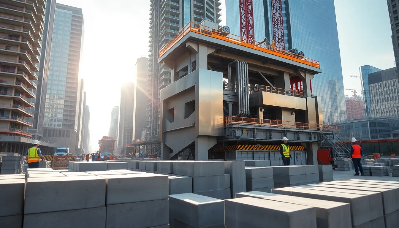 A modern block machine making concrete blocks at a Chicago construction site.