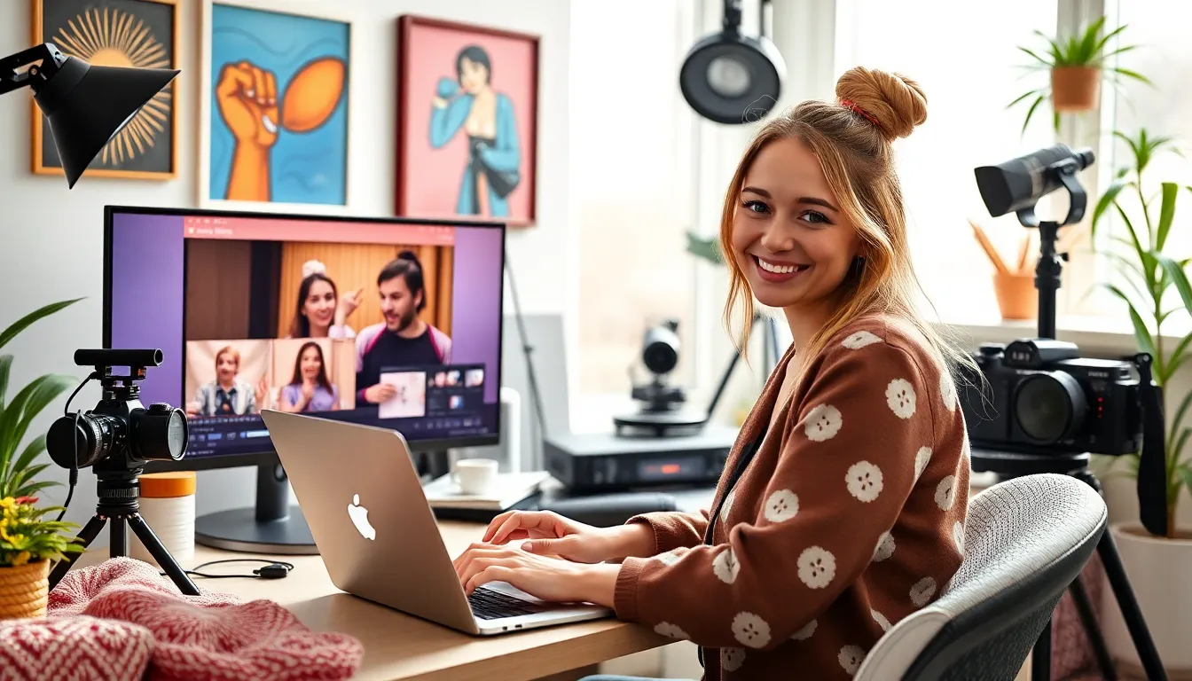 content creator editing videos in a colorful workspace.