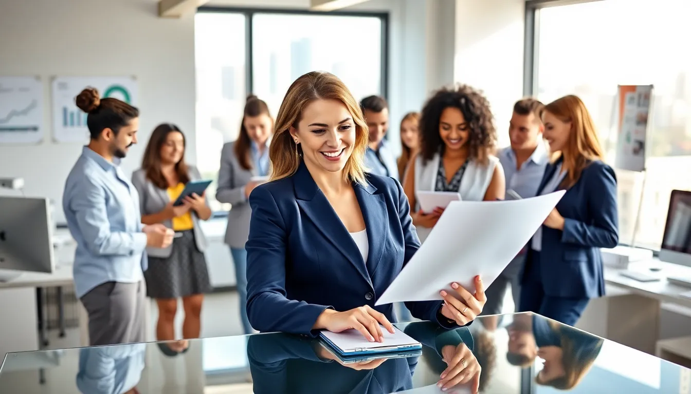 a diverse real estate team in a modern office discussing property transactions.