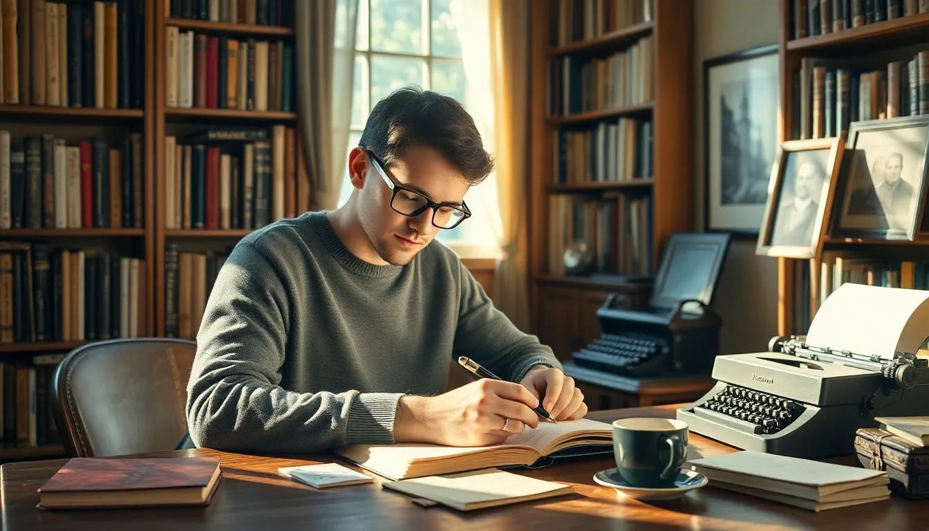 Ralmarin Helros writing in a cozy, book-filled room.