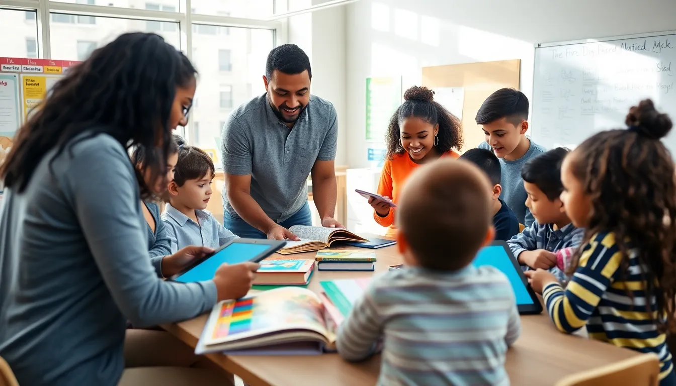 educators and students collaborating in a modern reading workshop.
