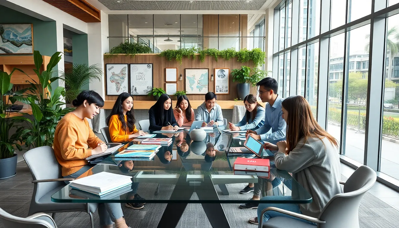 diverse students collaborating in a modern educational space.