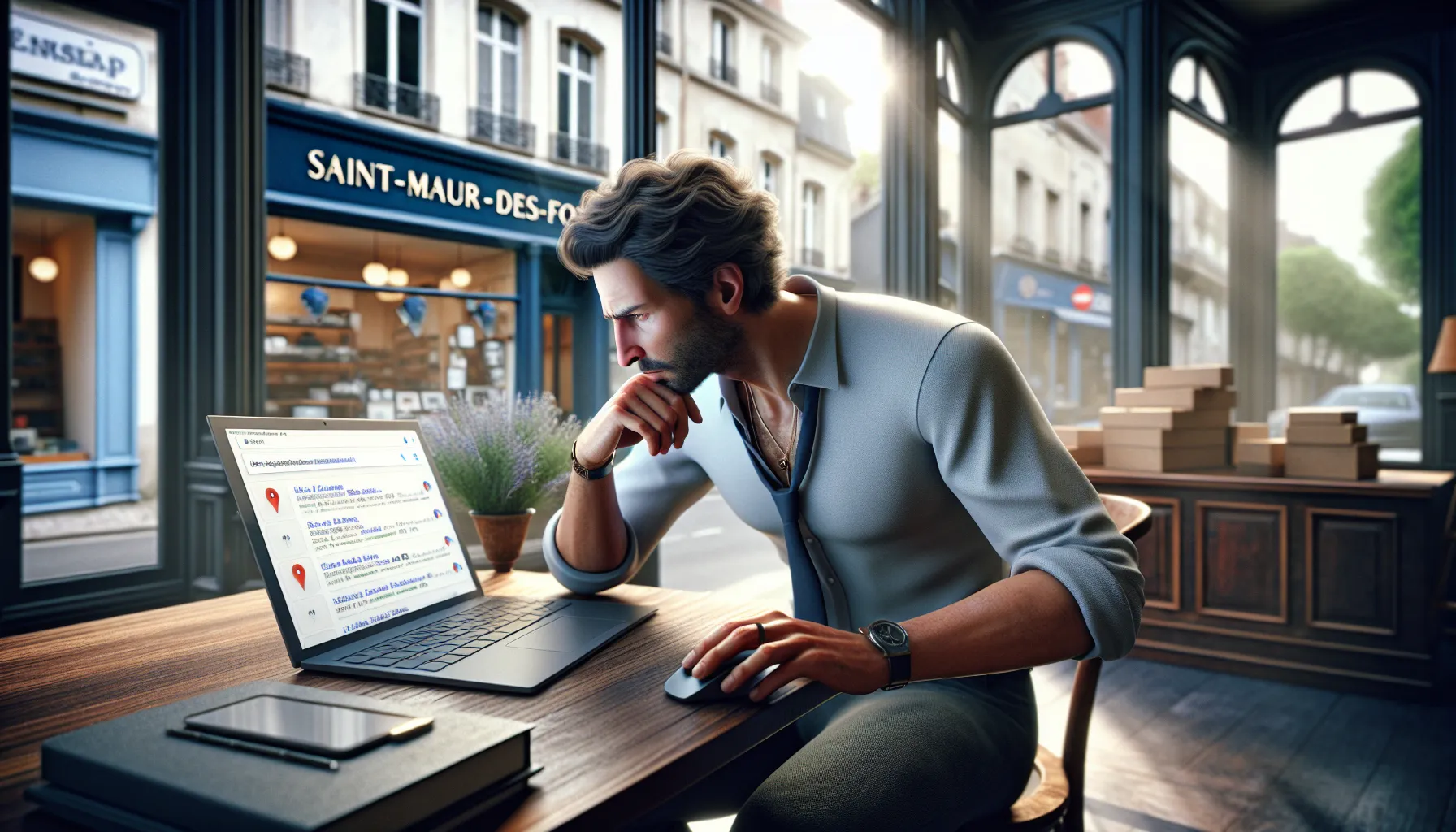 Small business owner in Saint-Maur-des-Fossés checking his low Google visibility on laptop.