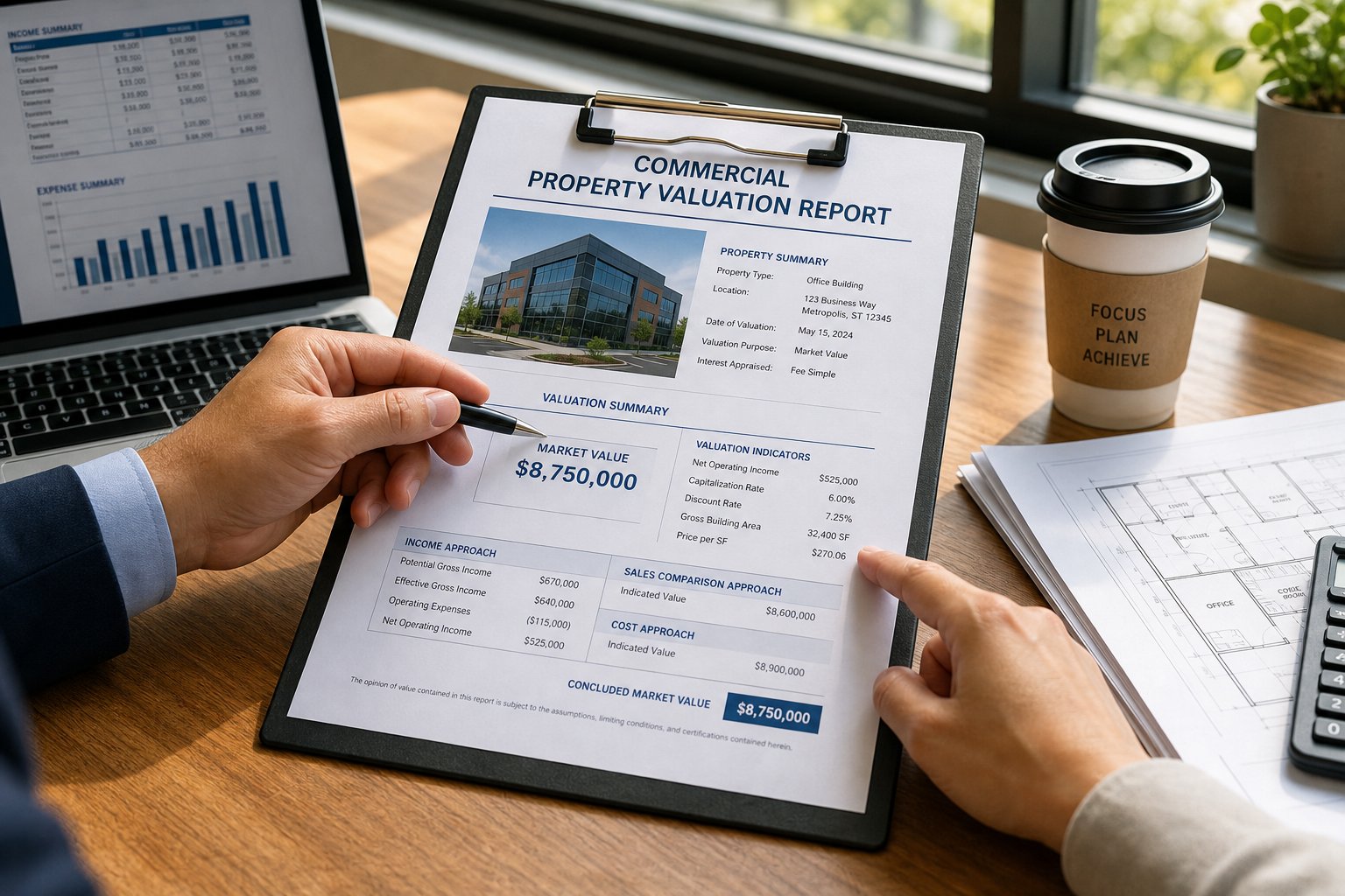 Close-up of commercial property valuation documents, laptop, and plans on a desk in natural daylight.