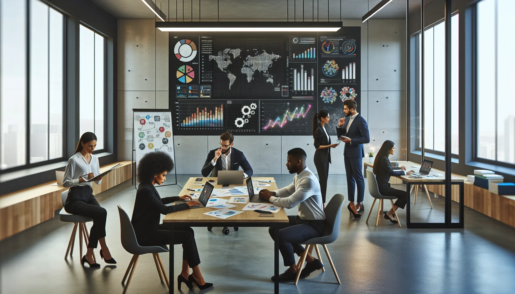 professionals brainstorming in a modern office with data visualizations.