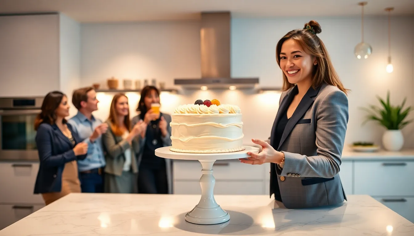 a person serving cake to friends in a bright modern kitchen.