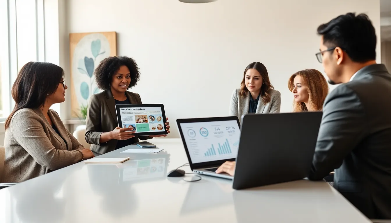 A diverse team discussing child care payment assistance in a modern office.