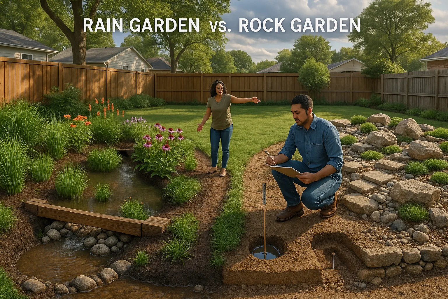 Split backyard showing a rain garden inlet and a layered rock garden terrace.