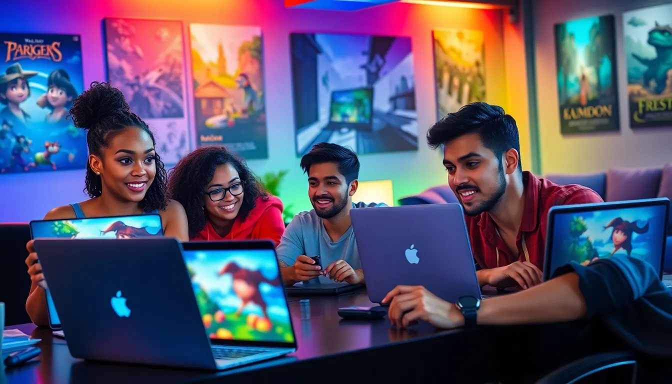 diverse group engaging in immersive gaming experience in a modern studio.