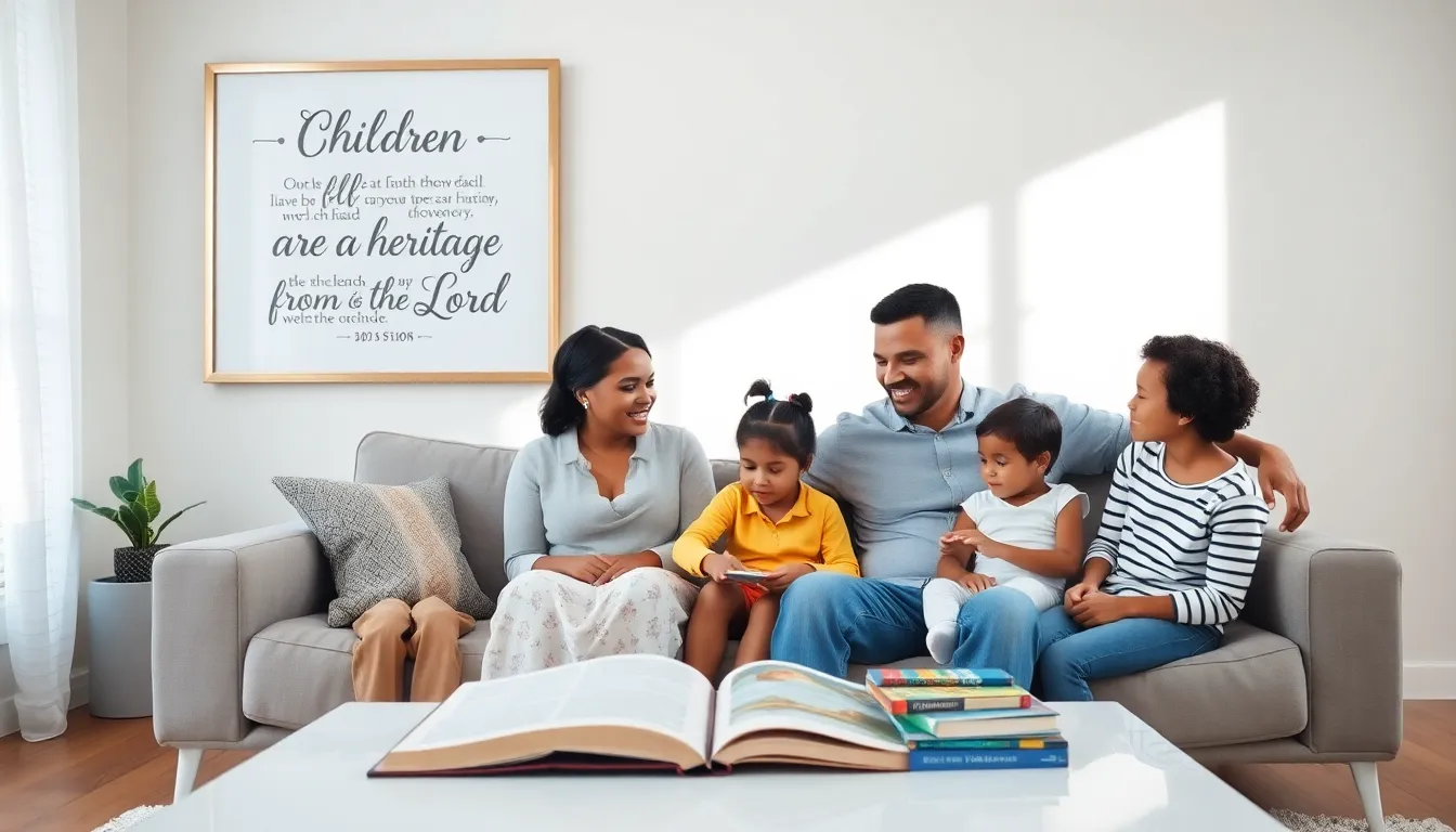 family discussing parenting with biblical verses in a modern living room.