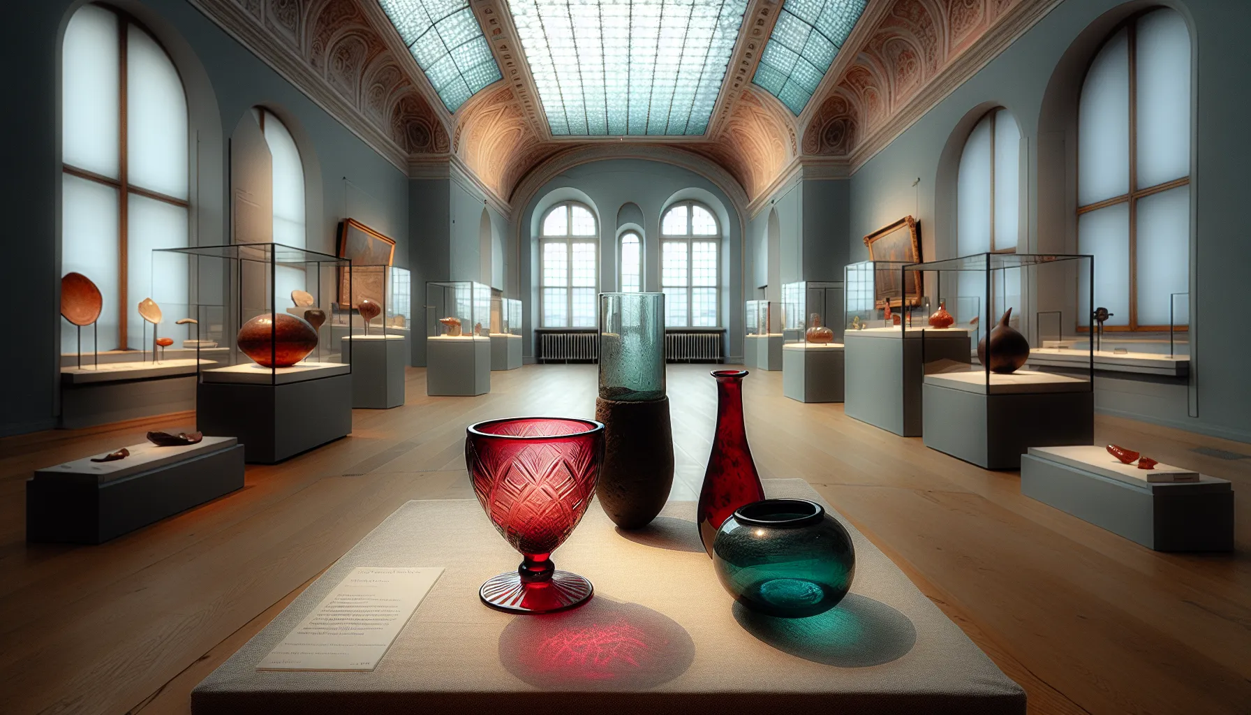 Ruby roman glass cup beside clear flask, pigments, and obsidian in a norwegian museum.