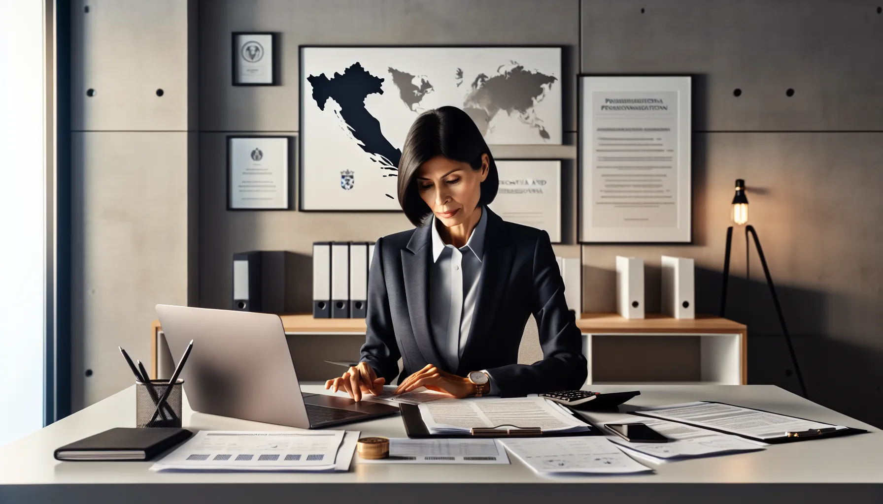 Professional reviewing pension documents at modern office desk