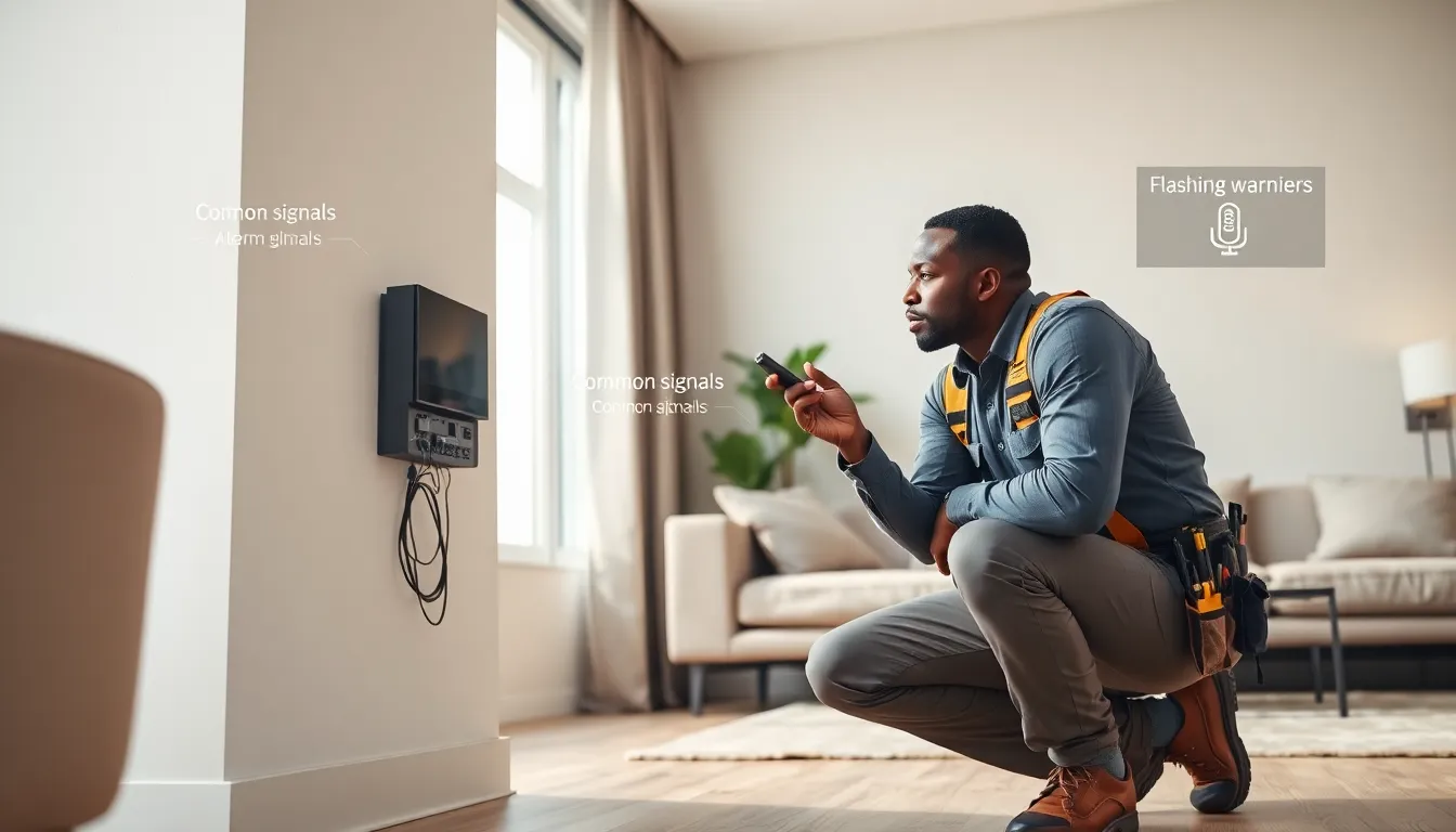 technician repairing a home alarm system in a modern living room.