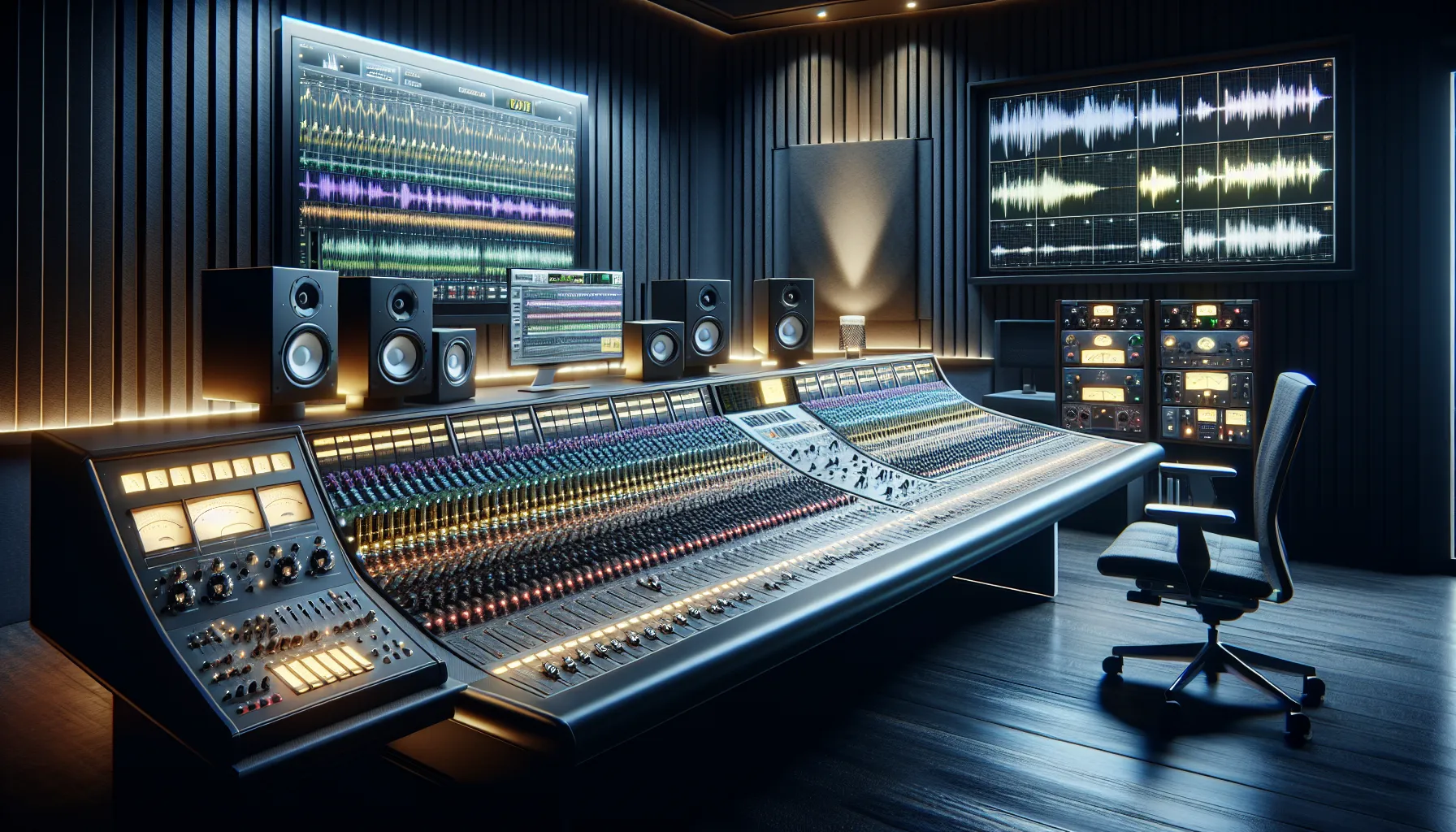 An advanced audio mastering studio with professional equipment and screens displaying waveforms.