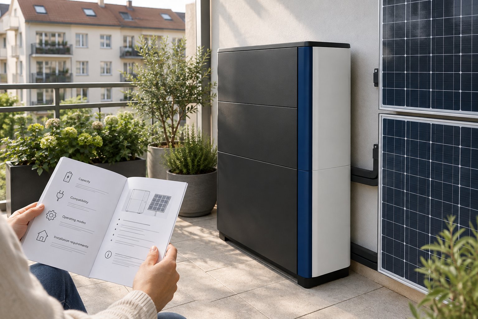 Batteriespeicher mit Solarmodulen und geöffnetem Handbuch