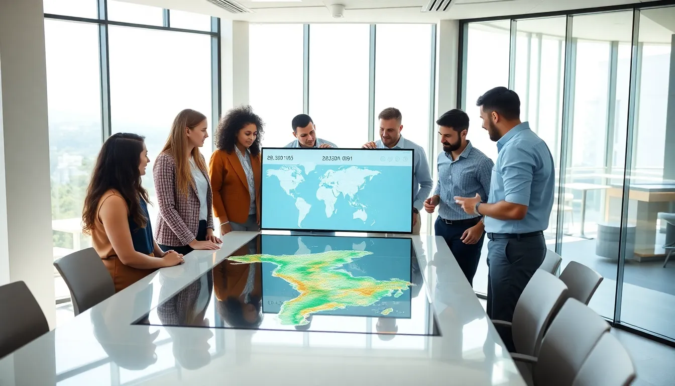 diverse team analyzing geographic coordinates in a modern office.