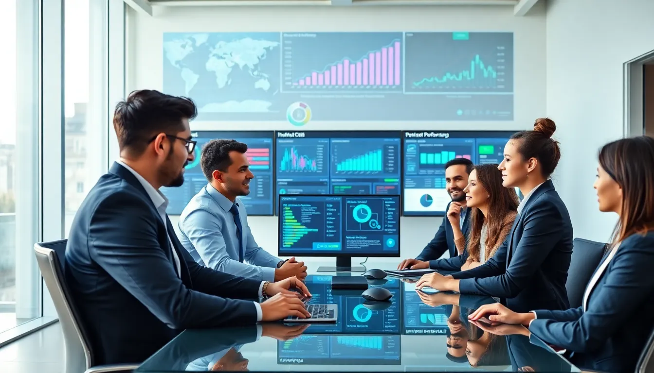 IT professionals monitoring DevOps metrics in a modern office.