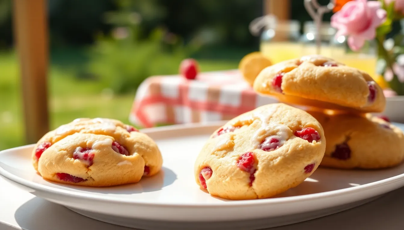 close-up of raspberry lemonade cookies on a summer picnic table.