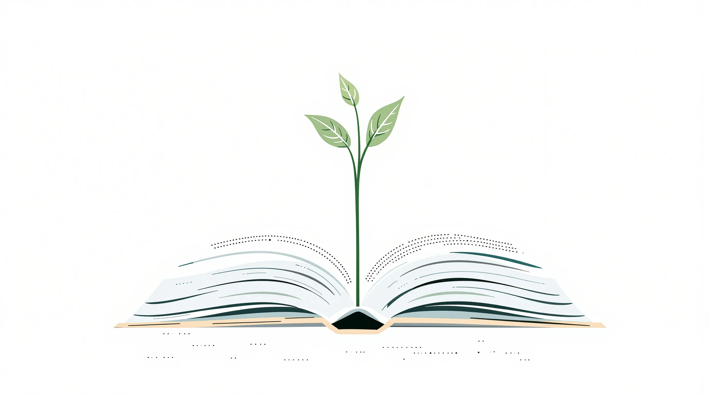 an open book with a plant sprouting from its pages