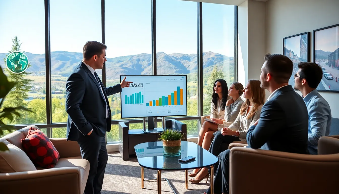 real estate agent presenting trends in a modern Park City office.