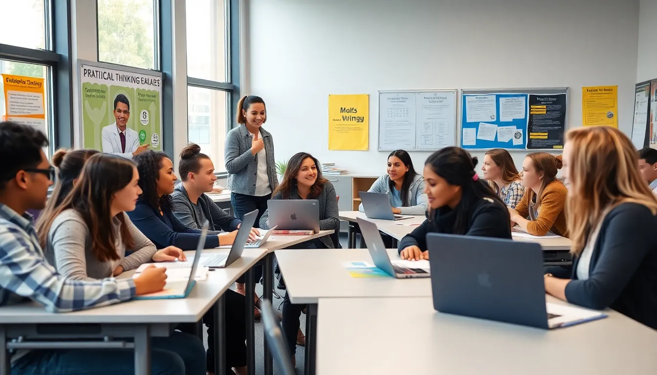 diverse students engaged in discussion in a modern classroom.
