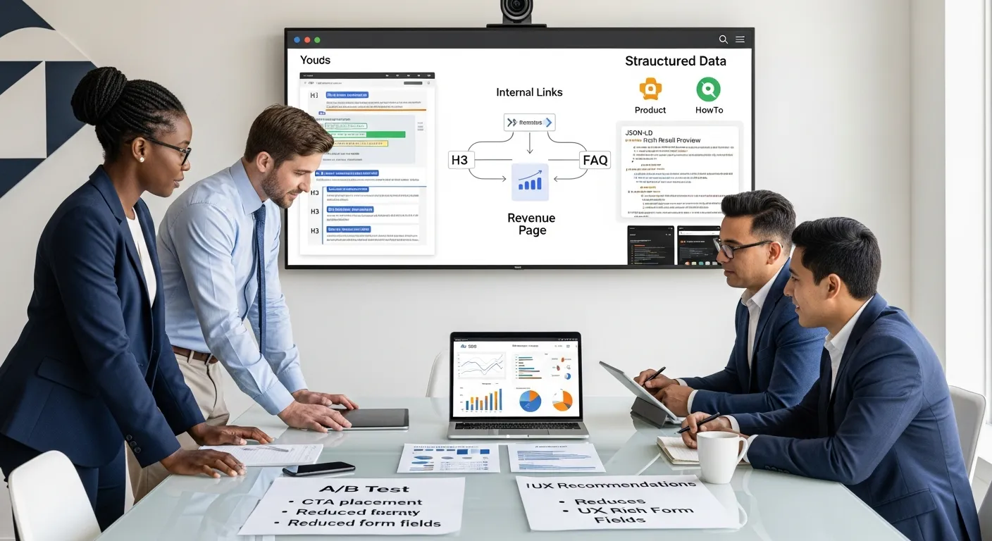 Team reviewing on-page SEO dashboard with schema and conversion charts.