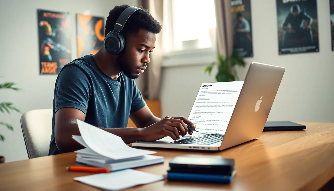 A man reading terms of use on his laptop in a cozy home office.