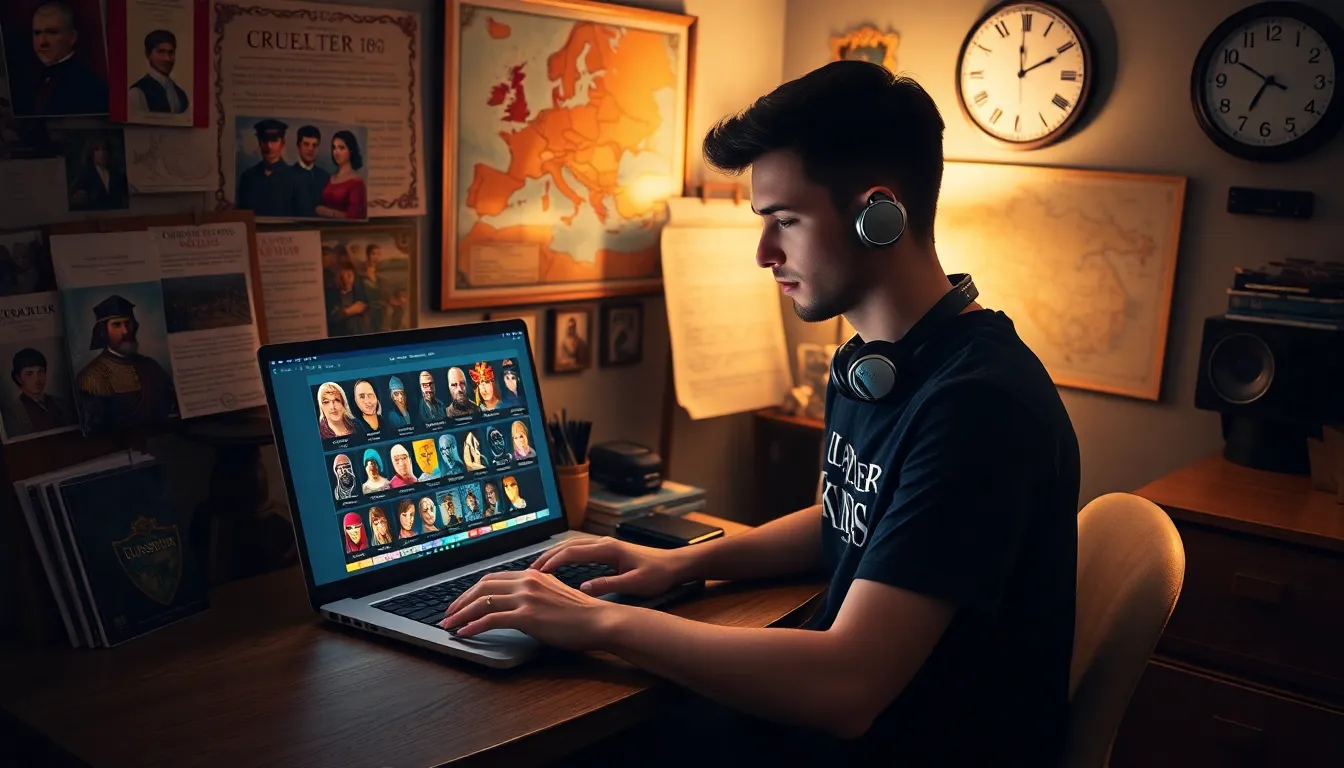 a young man creating characters on CK2Generator in a cozy gaming room.