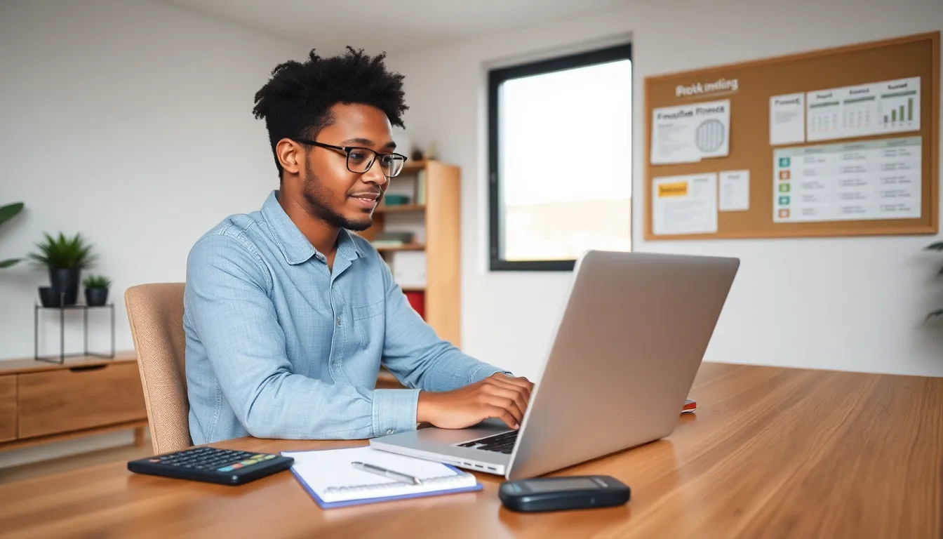 freelancer managing bookkeeping in a modern home office.