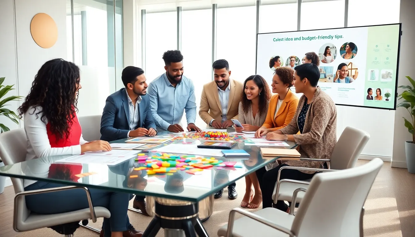 diverse team collaborating on budget-friendly event planning in a modern office.