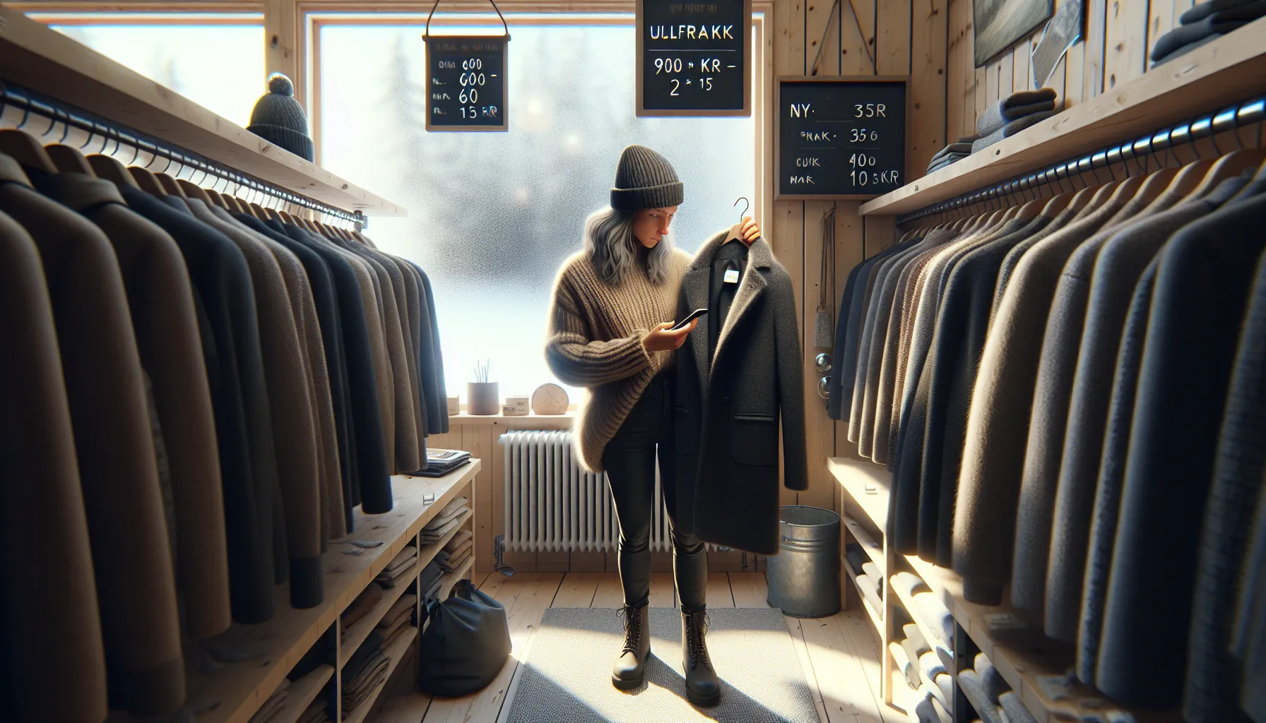 Woman checks used wool coat price and quality in norwegian thrift shop.