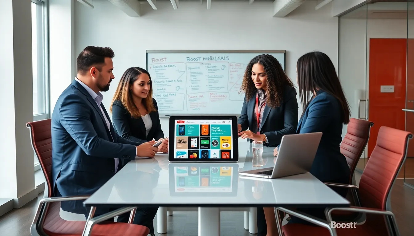 diverse professionals discussing Boost Mobile cell phone deals in a modern office.