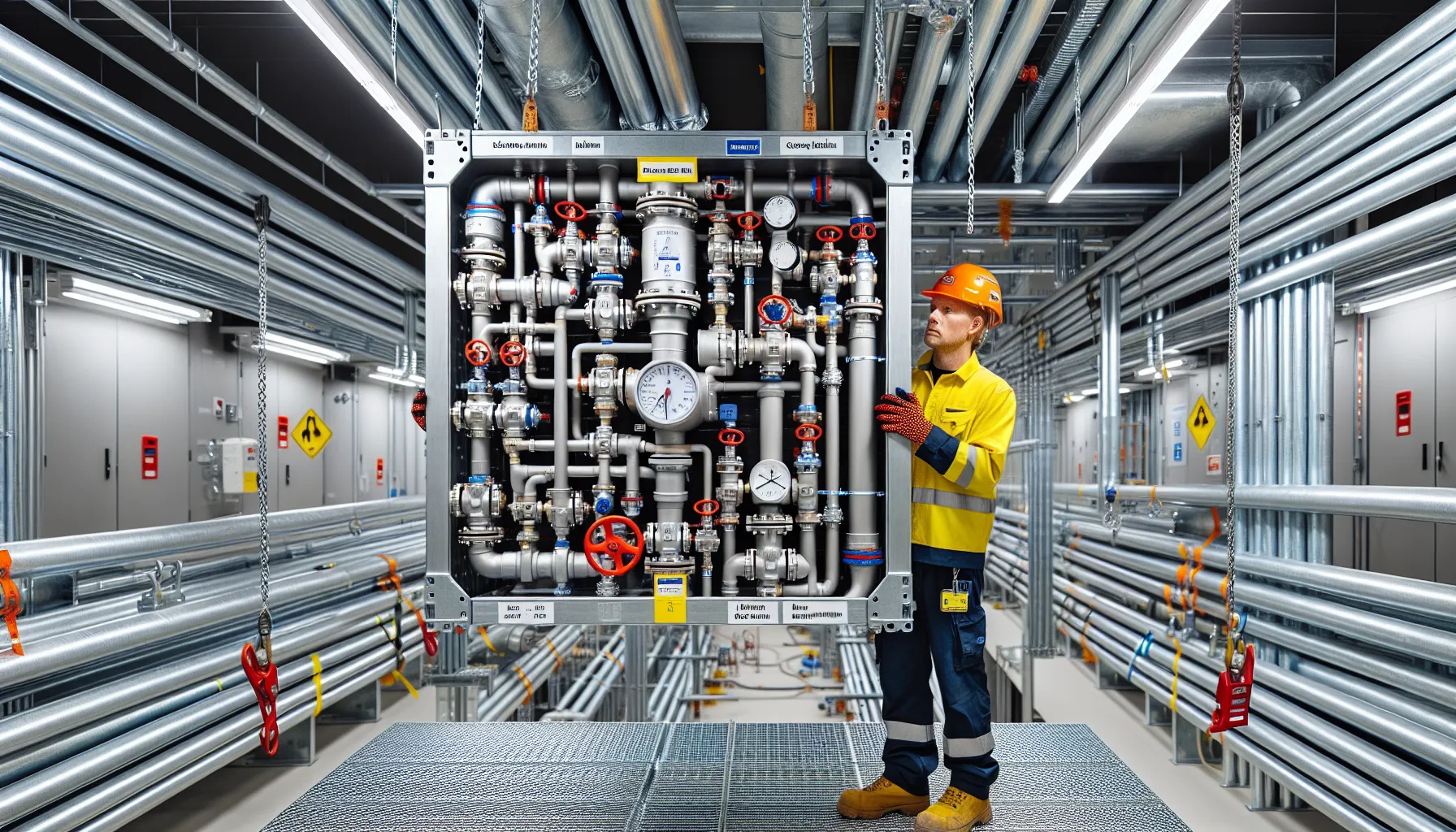 Installer guiding prefabricated modular piping into place in a norwegian mechanical room.