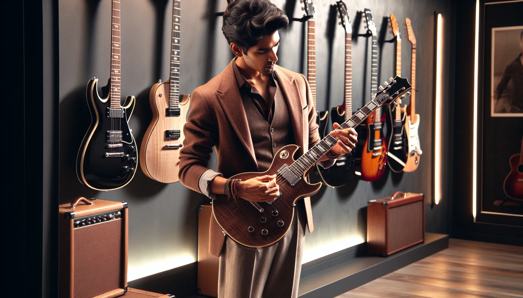 musician showcasing a Chibson guitar in a modern studio.