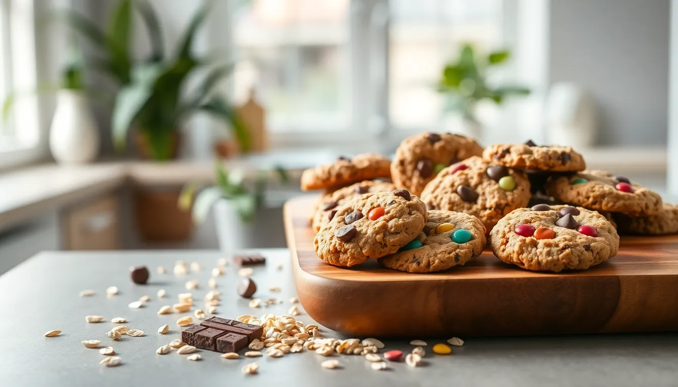variety of healthy cookies on a wooden serving board.