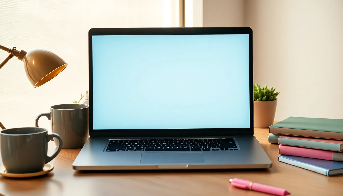 laptop with preppy aura wallpaper on a stylish desk.