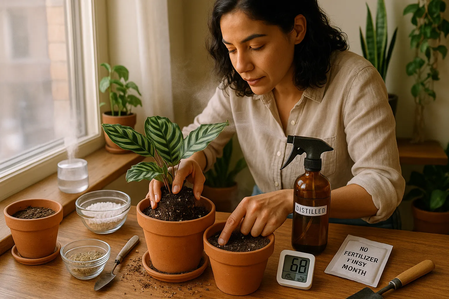 Woman repotting a Calathea by a sunny window, using perlite and distilled water.
