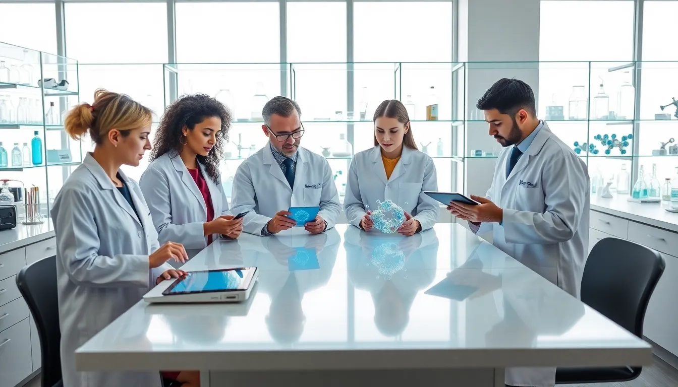 diverse scientists discussing chemical compounds in a modern lab.
