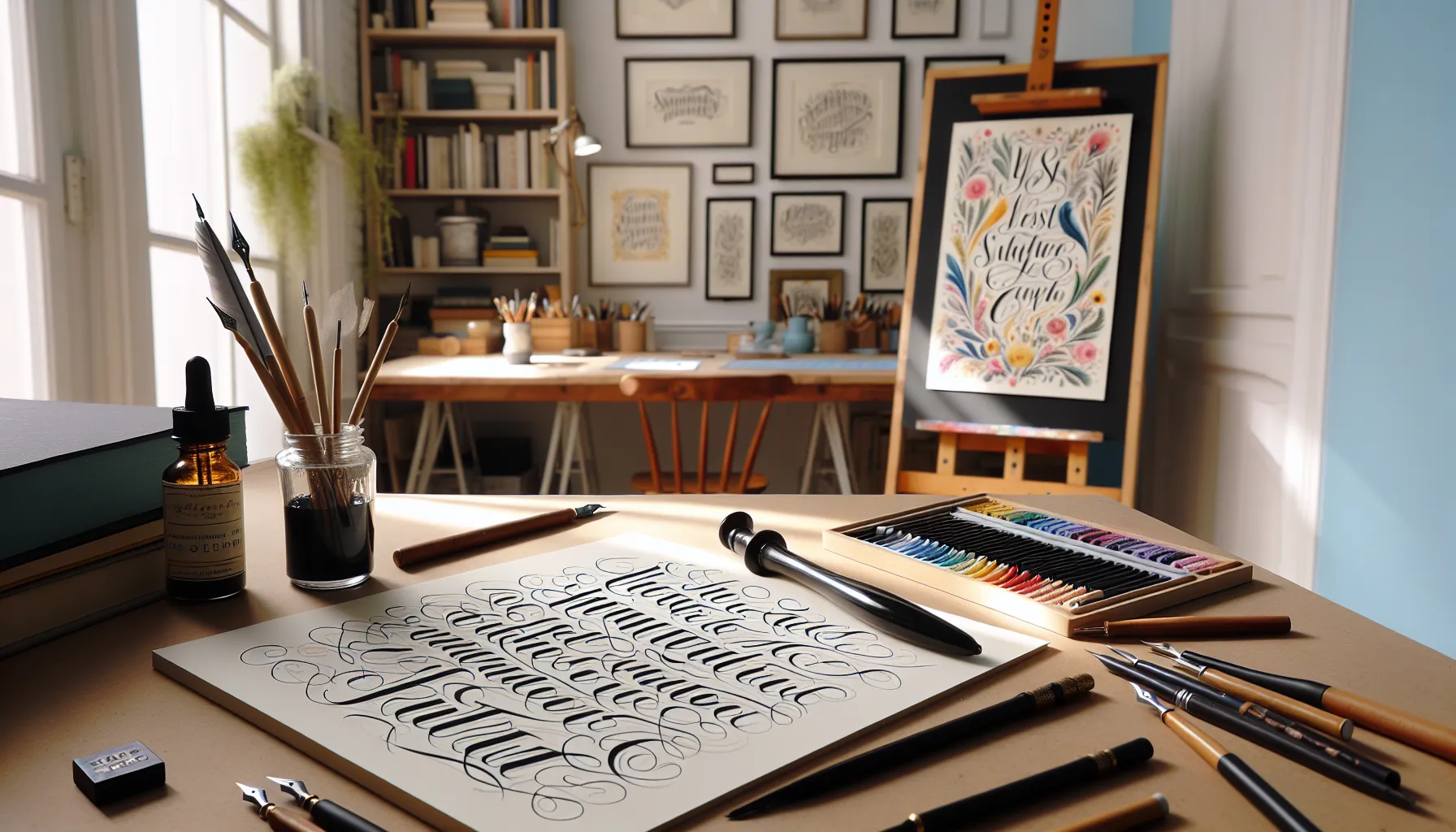 A studio setup showing calligraphy and hand lettering tools and projects.