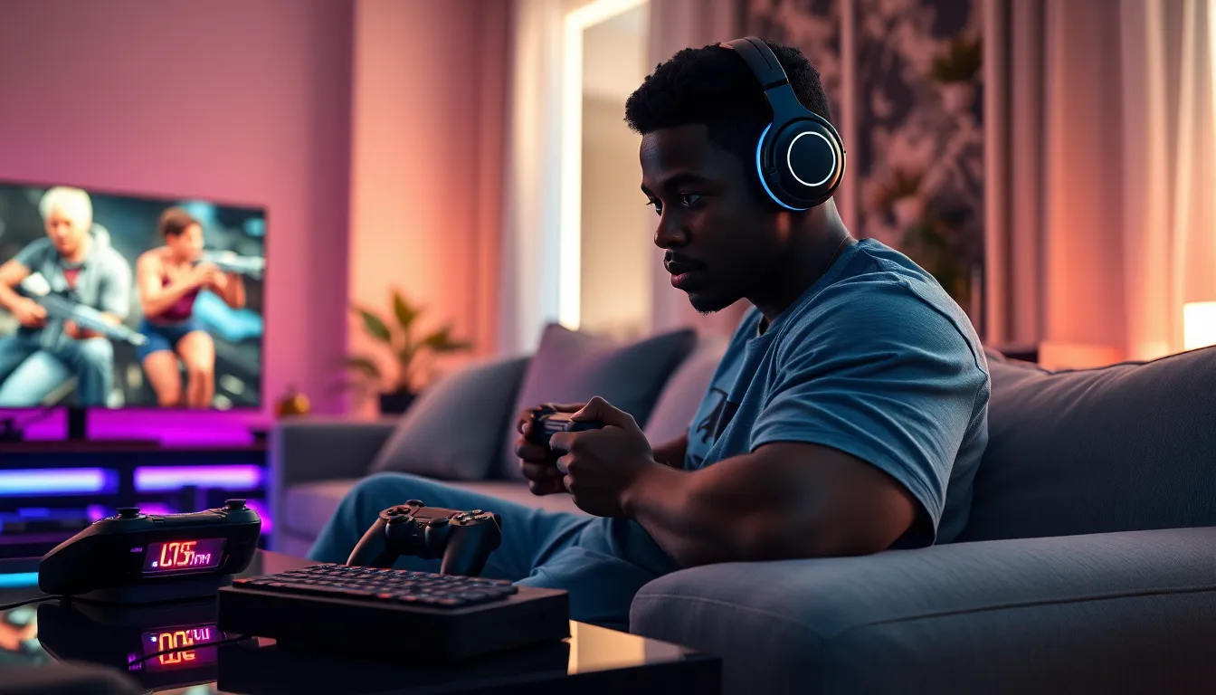 a gamer using a PlayStation with wireless headset and charging station.